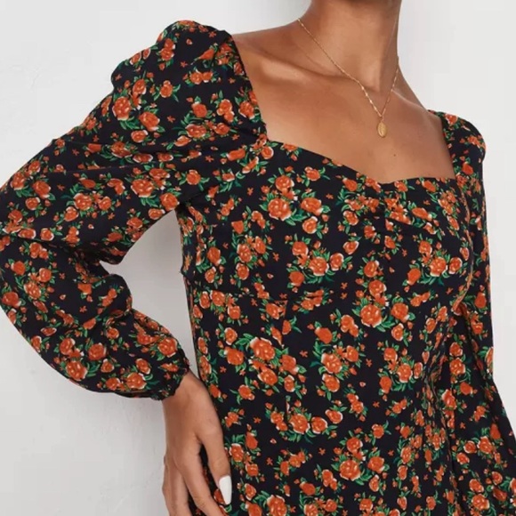 MISSGUIDED Navy Blue & Orange Floral Print A-Line Dress with High Slit fall - Picture 2 of 7